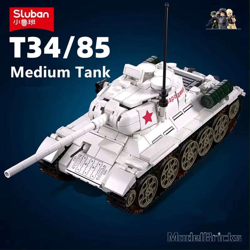 518PCS T34-85 Medium Tank Building Blocks WW2 Heavy Tank Chariot Soldier Figures Model Bricks Set Educational Toys Gifts for Kid